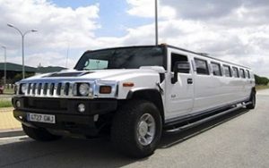 Front and side view of the white Hummer Limousine in Madrid, Spain